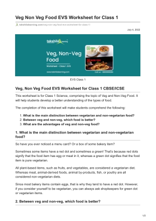 Veg Non Veg Food EVS Worksheet for Class 1