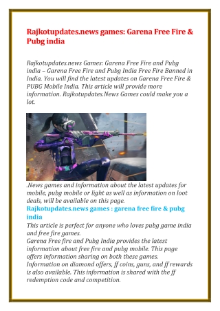 Rajkotupdates.news games: Garena Free Fire & Pubg india