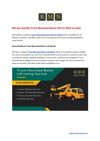 We Are Quality Truck Mounted Boom Lift For Rent In India