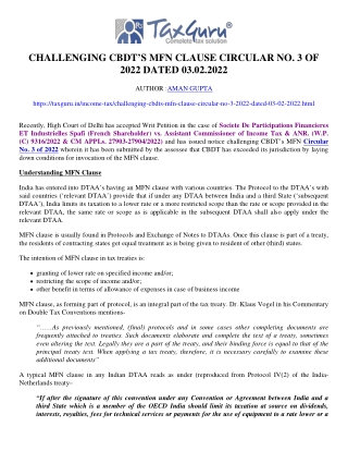 Challenging CBDT’s MFN Clause Circular No. 3 of 2022 dated 03.02.2022
