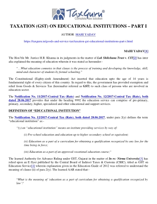 Taxation (GST) On Educational Institutions – Part I