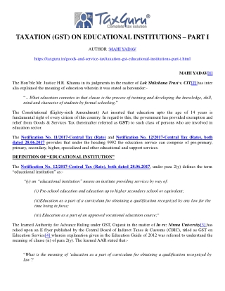 Taxation (GST) On Educational Institutions – Part I