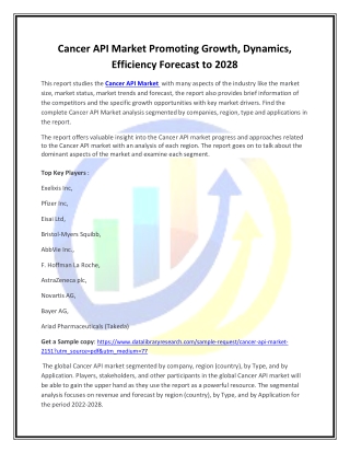 Global Cancer API Market Opportunities and Forecast 2020-2027