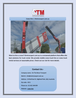 Crane Hire | Otmtransport.com.au