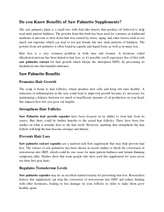 Do you Know Benefits of Saw Palmetto Supplements