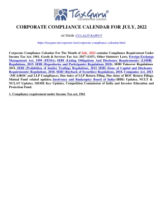 Corporate Compliance Calendar for July, 2022