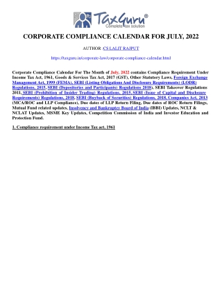 Corporate Compliance Calendar for July, 2022