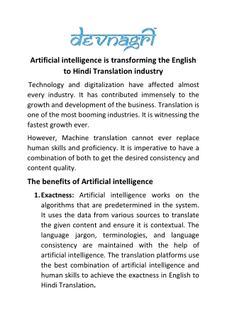 Artificial intelligence is transforming the English to Hindi Translation industry