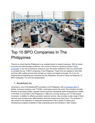 Top 10 BPO Companies In The Philippines