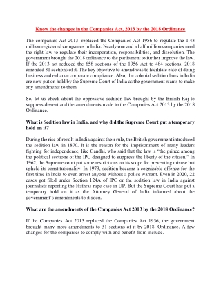Know the changes in the Companies Act, 2013 by the 2018 Ordinance
