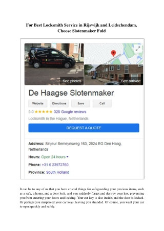 For Best Locksmith Service in Rijswijk and Leidschendam, Choose Slotenmaker Fuld.ppt