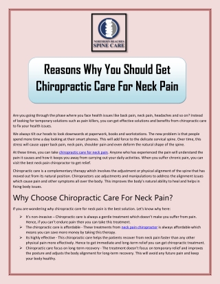 Reasons Why You Should Get Chiropractic Care For Neck Pain