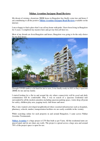 Nikhar Aventino Sarjapur Road Reviews - Nikhar Aventino