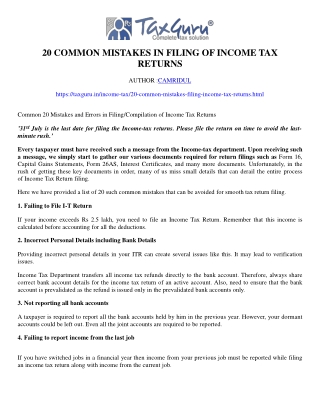 20 Common Mistakes In Filing of Income Tax Returns