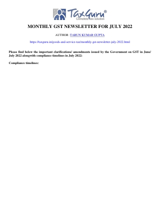 Monthly GST Newsletter for July 2022