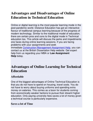 Advantages and Disadvantages of Online Education in Technical Education