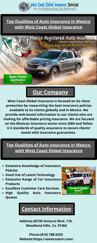 Top Qualities of Auto Insurance in Mexico with West Coast Global Insurance