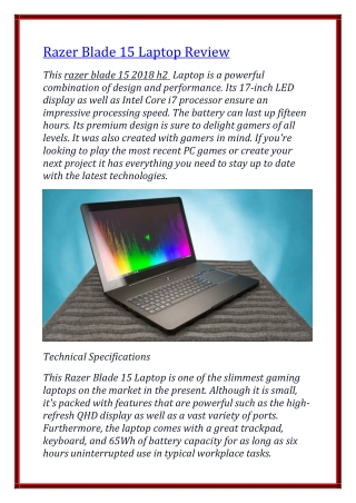 Razer BladThis razer blade 15 2018 h2 Laptop is a powerful come 15 Laptop Review