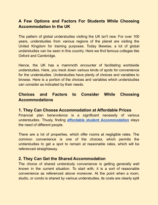 A Few Options and Factors For Students While Choosing Accommodation In the UK