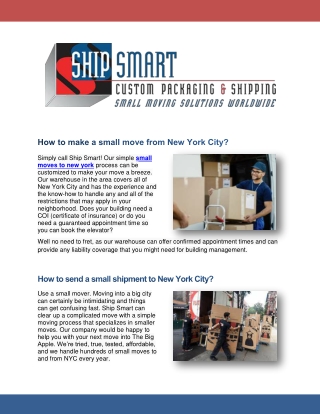 Quick small moves to new york | Ship Smart Inc. In New York