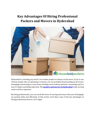Key Advantages Of Hiring Professional Packers and Movers in Hyderabad