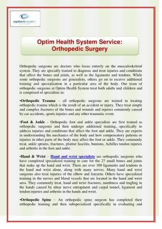 Optim Health System Service Orthopedic Surgery