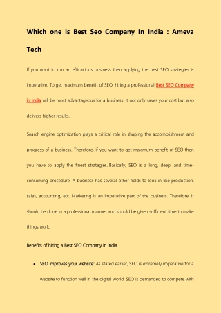 Which one is Best Seo Company In India : Ameva Tech