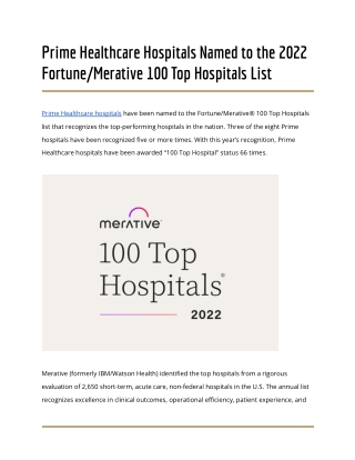 Prime Healthcare Hospitals Named to the 2022 Fortune_Merative 100 Top Hospitals List