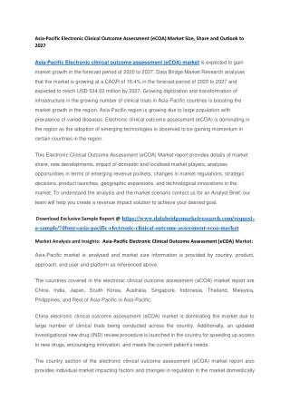 Asia-Pacific Electronic Clinical Outcome Assessment (eCOA) Market Size, Share and Outlook to 2027