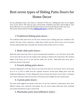 Best seven types of Sliding Patio Doors for Home Decor