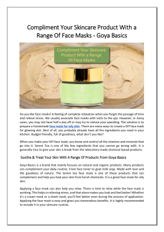 Compliment Your Skincare Product With a Range Of Face Masks - Goya Basics