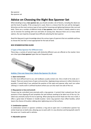 Advice on Choosing the Right Box Spanner Set
