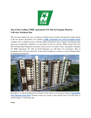 One of the Leading 2 BHK Apartments For Sale In Sarjapur Road by CoEvolve Northern Star