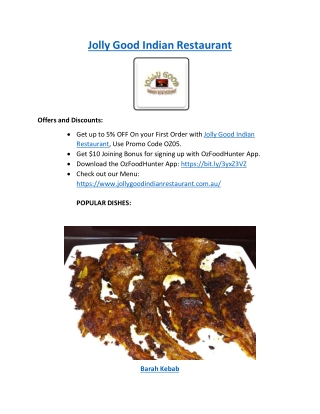 5% off - Jolly Good Indian Restaurant Long Jetty Menu, NSW