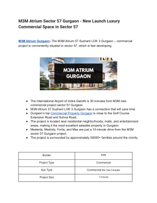 M3M Atrium Sector 57 Gurgaon - New Launch Luxury Commercial Space in Sector 57