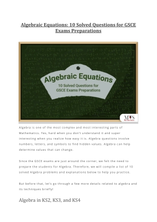 Algebraic Equations 10 Solved Questions for GSCE Exams Preparations