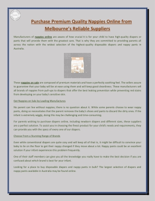 Purchase Premium Quality Nappies Online from Melbourne’s Reliable Suppliers