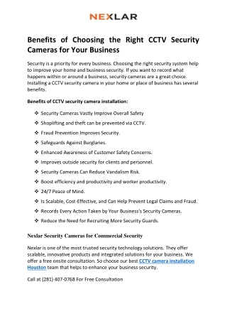 Benefits of Choosing the Right CCTV Security Cameras for Your Business