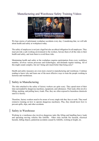 Manufacturing and Warehouse Safety Training Videos