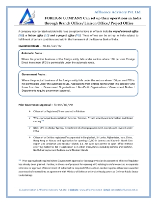 FOREIGN COMPANY Can set up their operations in India through Branch Office