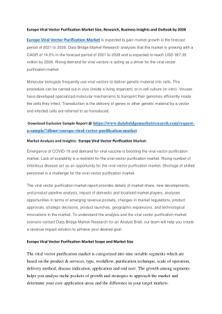 Europe Viral Vector Purification Market Size, Research, Business Insights and Outlook by 2028