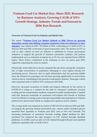 Vietnam Used Car Market Size, Share 2021: Research by Business Analysis, Growing