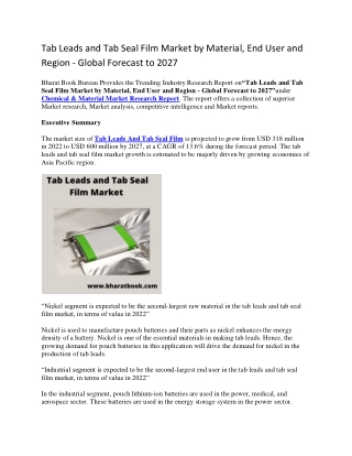 Tab Leads and Tab Seal Film Market by Material, End User and Region - Global Forecast to 2027