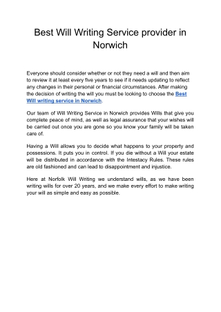 Best Will Writing Service provider in Norwich