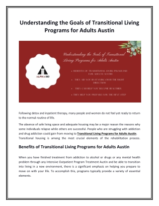 Understanding the Goals of Transitional Living Programs for Adults Austin