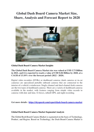 Global Dash Board Camera Market Size, Share, Analysis and Forecast Report to 20