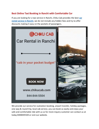 Best Online Taxi Booking in Ranchi with Comfortable Car