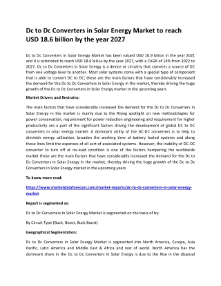 Dc To Dc Converters In Solar Energy Market