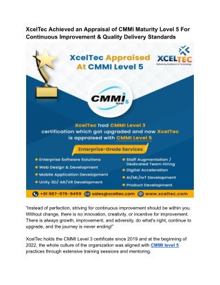 XcelTec Achieved an Appraisal of CMMI Maturity Level 5 For Continuous Improvement & Quality Delivery Standards (1)