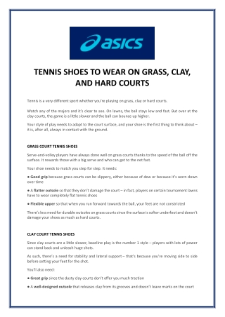 TENNIS SHOES TO WEAR ON GRASS, CLAY, AND HARD COURTS